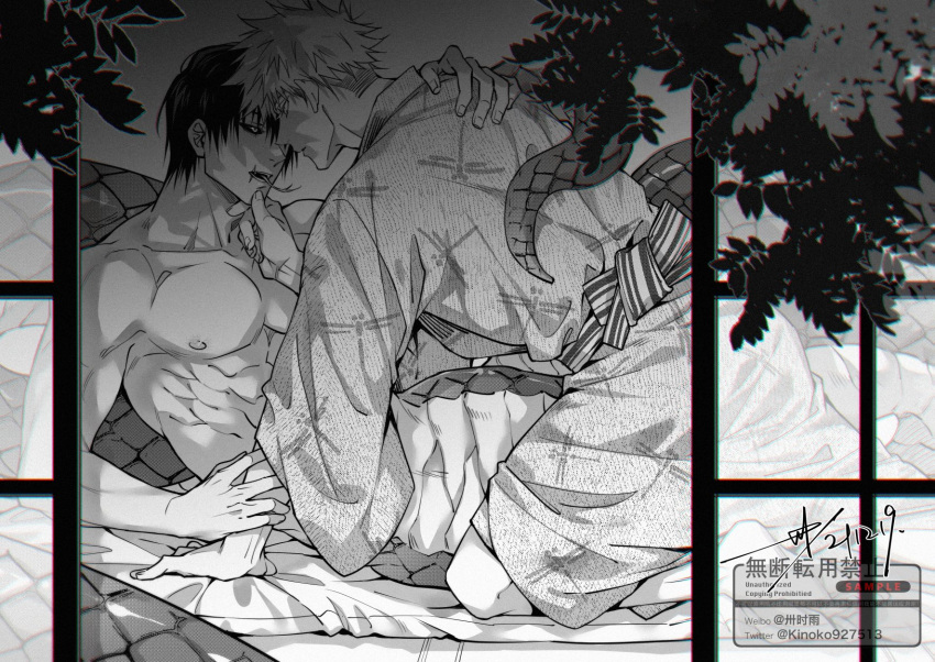 2boys barefoot black_sclera colored_sclera completely_nude dated fangs forked_tongue full_body fushiguro_touji futon gojou_satoru greyscale hand_on_another's_back highres holding_another's_arm indoors japanese_clothes jujutsu_kaisen kimono lamia_boy long_sleeves looking_at_another male_focus monochrome monster_boy monsterification multiple_boys nipples nude open_door open_mouth plant sample_watermark sashiyu scales scar scar_on_face scar_on_mouth short_hair shouji signature sitting sliding_doors toned toned_male tongue tongue_out twitter_username watermark weibo_username wide_sleeves yaoi