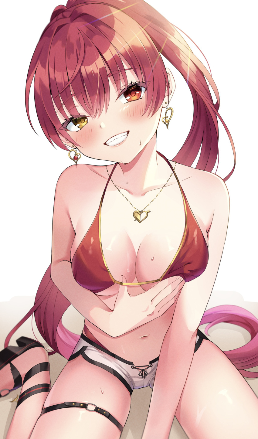1girl absurdres bikini bikini_under_shorts black_footwear blush breasts earrings gold_earrings gold_necklace grey_shorts heart heart_earrings heart_necklace heterochromia highres hololive houshou_marine houshou_marine_(summer) jewelry large_breasts long_hair looking_at_viewer miroku_yy navel necklace o-ring o-ring_thigh_strap official_alternate_costume ponytail red_bikini red_eyes red_hair sandals shorts smile solo swimsuit thigh_strap virtual_youtuber white_background yellow_eyes