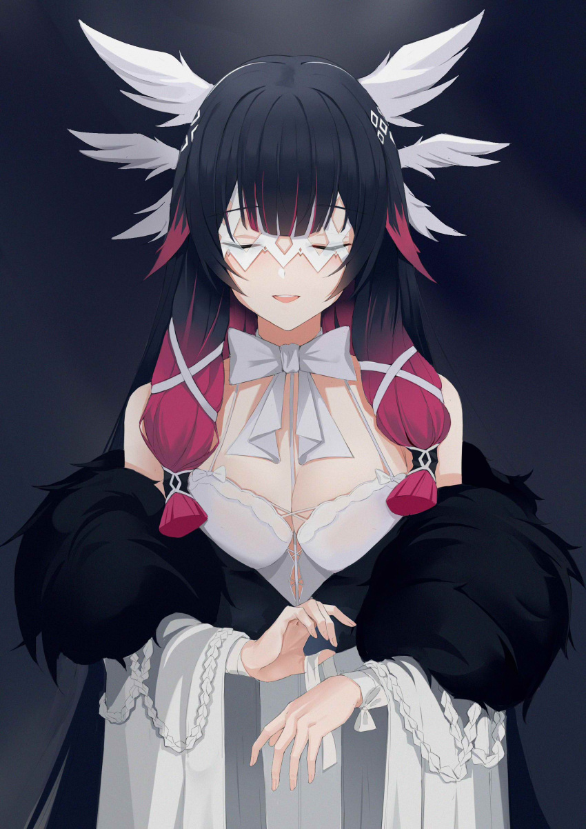 1girl absurdres black_hair breasts cleavage closed_eyes coat columbina_(genshin_impact) commentary_request dress eye_mask fur-trimmed_coat fur_trim genshin_impact head_wings highres kuyoumi long_hair long_sleeves medium_breasts multicolored_hair open_mouth red_hair smile solo streaked_hair two-tone_hair upper_body very_long_hair white_coat white_dress white_mask wings