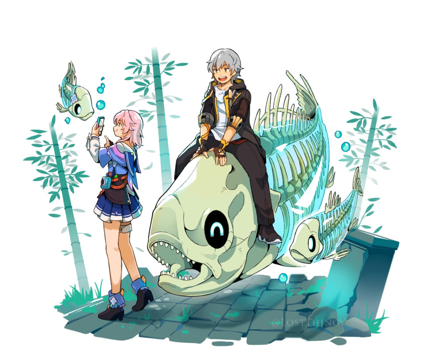 1boy 1girl bamboo black_jacket blue_eyes bubble caelus_(honkai:_star_rail) camera cellphone fingerless_gloves fish fish_skeleton floating gloves grey_hair happy highres holding holding_phone honkai:_star_rail honkai_(series) jacket jewelry long_sleeves lostthingy march_7th_(honkai:_star_rail) medium_hair phone pink_hair riding riding_animal shirt short_hair skirt taking_picture trailblazer_(honkai:_star_rail) white_shirt yellow_eyes