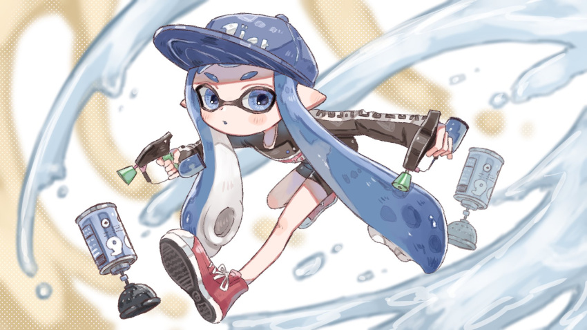 1girl baseball_cap blue_eyes blue_hair blue_headwear commentary_request full_body hat highres inkling inkling_girl long_hair plum0o0 pointy_ears red_footwear shoes solo splat_dualies_(splatoon) splatoon_(series) splatoon_3 suction_bomb_(splatoon) tentacle_hair white_background