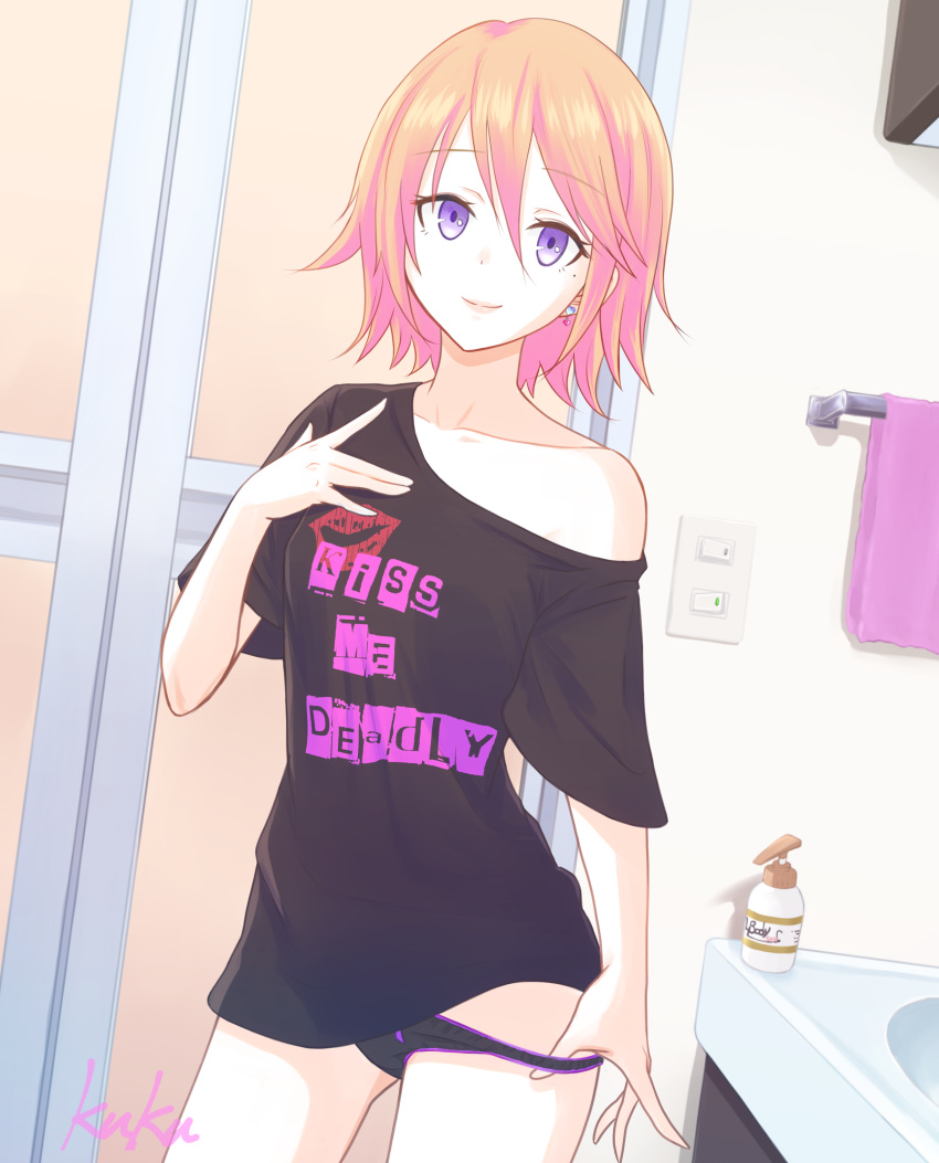 1girl absurdres black_panties black_shirt breasts collarbone commentary_request contrapposto earrings highres jewelry kuku_(laser_beamer) light_switch medium_hair mole mole_under_eye multicolored_hair off_shoulder orange_hair original panties panty_pull pink_hair purple_eyes shirt signature sink small_breasts solo t-shirt towel two-tone_hair underwear