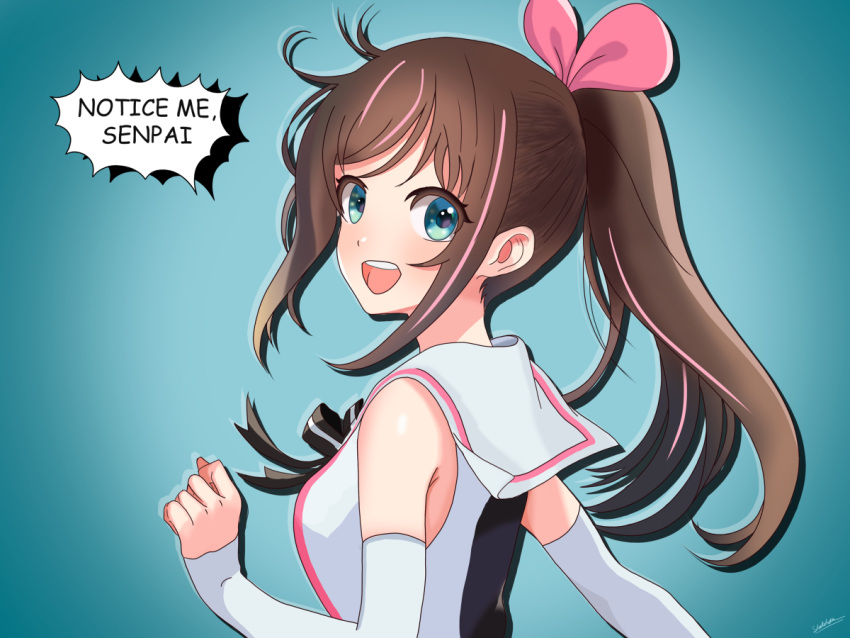 1girl brown_hair english_text fingerless_gloves gloves green_eyes hair_ribbon kizuna_ai kizuna_ai_inc. medium_hair multicolored_hair open_mouth ponytail ribbon shirt speech_bubble streaked_hair white_shirt zankyou