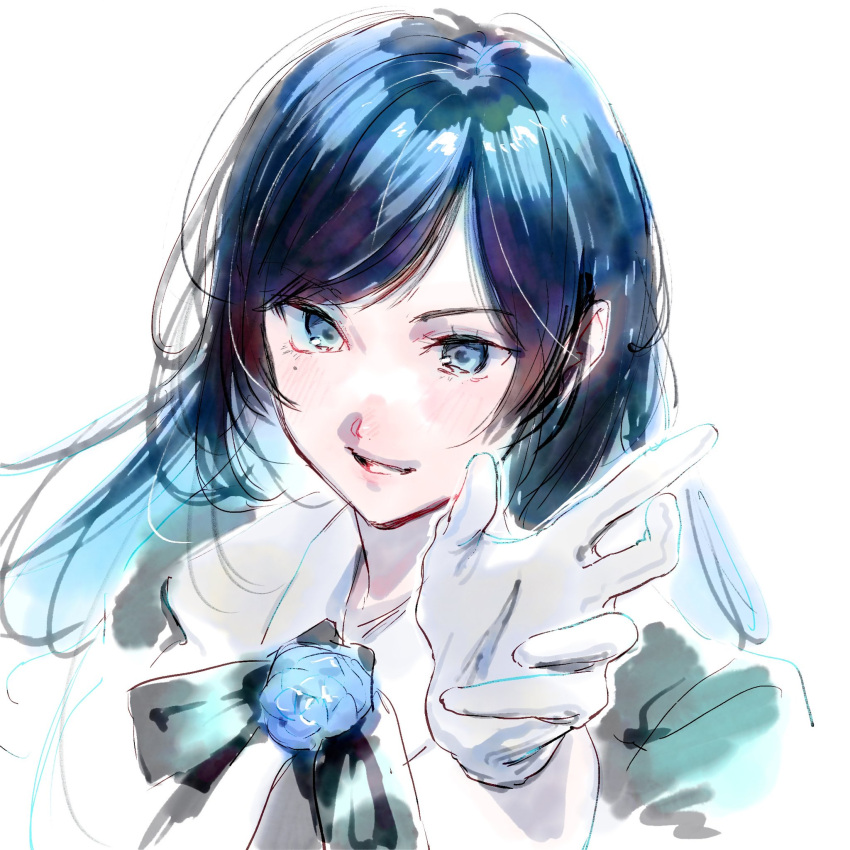 1girl ado_(utaite) adobe_fresco_(medium) adochansukisuki black_bow black_bowtie blue_eyes blue_flower blue_hair blue_rose blush bow bowtie chando_(ado) cloud_nine_inc colored_inner_hair commentary dark_blue_hair flower flower_brooch gloves highres long_hair mole mole_under_eye multicolored_hair parted_lips rose simple_background solo upper_body utaite white_background white_gloves