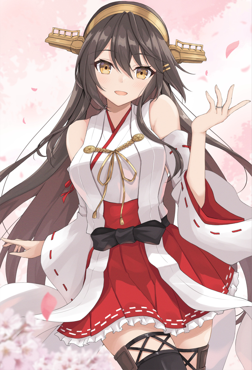 1girl absurdres bare_shoulders black_hair black_thighhighs breasts cowboy_shot detached_sleeves frilled_skirt frills gensoukitan hair_between_eyes hair_ornament hairband hairclip haruna_(kancolle) haruna_kai_ni_(kancolle) headgear highres japanese_clothes jewelry kantai_collection large_breasts long_hair looking_at_viewer nontraditional_miko pleated_skirt red_skirt ribbon-trimmed_sleeves ribbon_trim ring skirt solo thighhighs wedding_ring white_sleeves wide_sleeves yellow_eyes