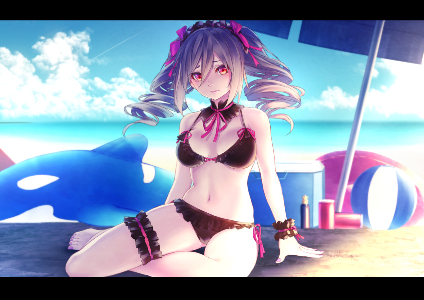 1girl ball beach beach_umbrella beachball bikini black_bikini blush breasts bridal_garter cooler drill_hair fingernails grey_hair hair_between_eyes highres idolmaster idolmaster_cinderella_girls inflatable_orca inflatable_toy innertube kanzaki_ranko looking_at_viewer medium_breasts nail_polish navel neck_ribbon outdoors red_eyes ribbon scrunchie sidelocks sitting solo stomach sugi_214 swimsuit toenail_polish toenails twintails umbrella wrist_scrunchie yokozuwari