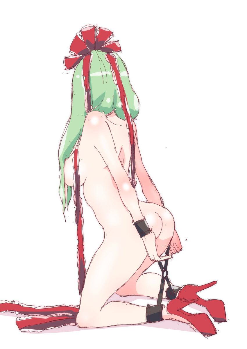 1girl absurdres ass full_body green_hair high_heels highres kagiyama_hina kneeling non_(z-art) nude red_ribbon ribbon solo touhou white_background