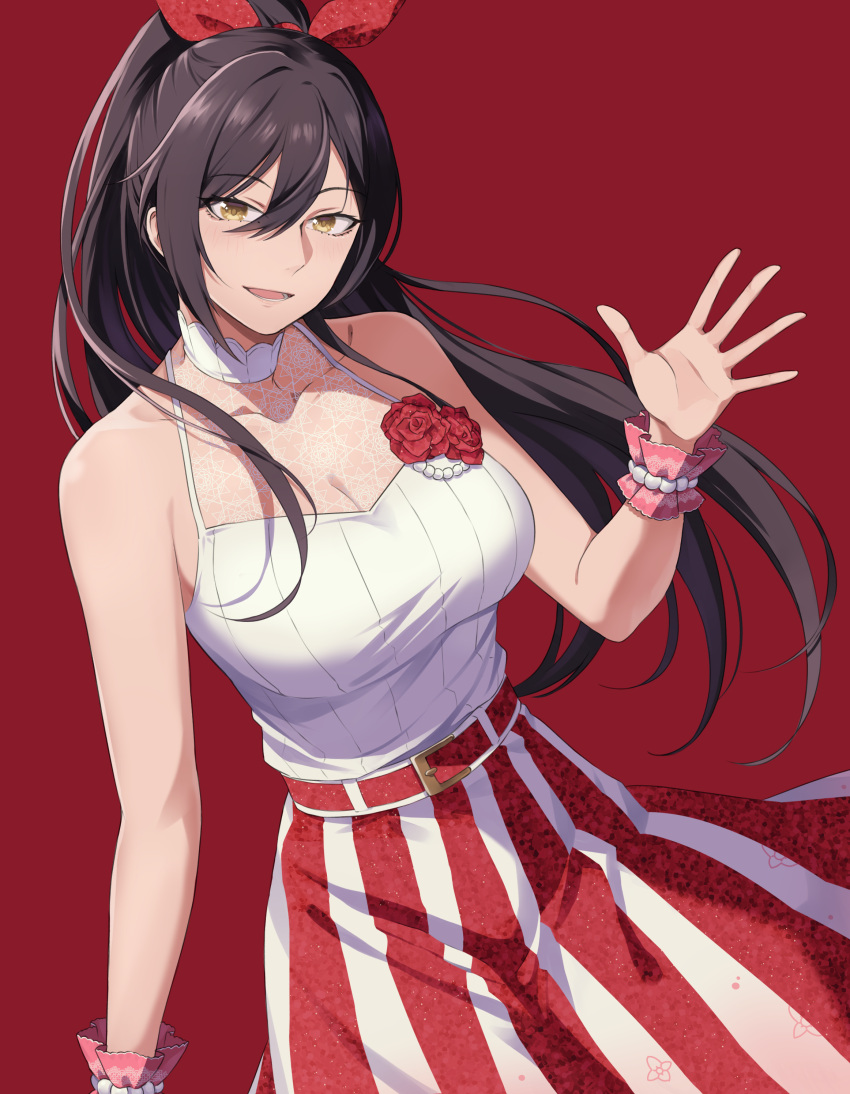 1girl :d absurdres bare_arms bare_shoulders black_hair breasts cleavage commentary_request cowboy_shot hair_ribbon highres idolmaster idolmaster_shiny_colors large_breasts long_hair looking_at_viewer open_mouth randompeeps red_background red_ribbon ribbon shirase_sakuya shirt simple_background skirt sleeveless sleeveless_shirt smile solo striped striped_skirt vertical-striped_skirt vertical_stripes very_long_hair white_shirt yellow_eyes