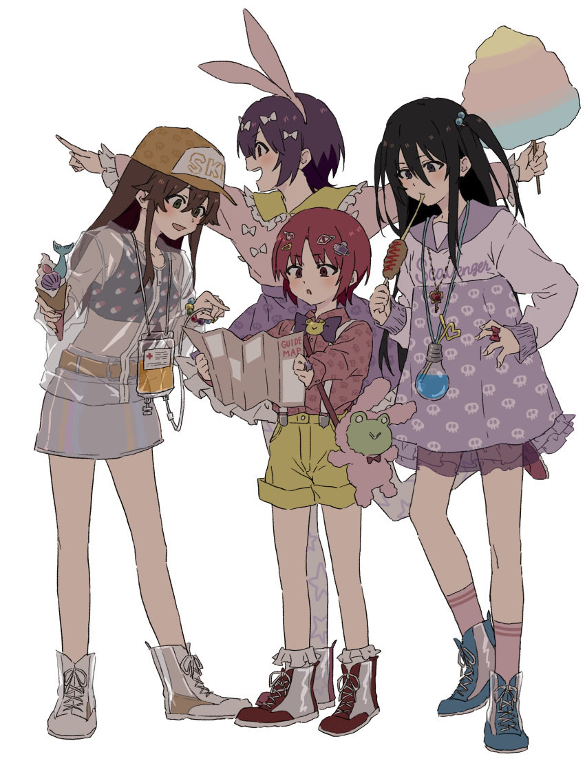 1boy 3girls absurdres animal_ears baseball_cap black_eyes black_hair blue_footwear bow brown_hair corn_dog cotton_candy fake_animal_ears food gekota green_eyes hair_bow hair_ornament hat highres holding holding_food holding_ice_cream holding_map ice_cream iizumi_rita intravenous_drip long_sleeves map multiple_girls multiple_hair_bows otoko_no_ko pill_print pink_socks purple_eyes purple_hair red_eyes red_footwear red_hair sakuragi_naruha seike_taroumaru shorts simple_background skull_print socks teruya_(6w6y) toaru_kagaku_no_railgun toaru_majutsu_no_index two_side_up white_background yakumaru_itsuki yellow_shorts