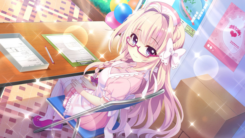 1girl ahoge balloon bespectacled blonde_hair blue_eyes bow box breasts button_gap cardboard_box chair cleavage clipboard closed_mouth dress film_grain folding_chair from_above game_cg glasses hair_intakes hands_on_own_legs hat indoors izumi_tsubasu lens_flare long_braid long_hair looking_at_viewer looking_to_the_side medium_breasts mole mole_under_each_eye mole_under_eye multiple_moles non-web_source nurse_cap official_art on_chair pen pink_dress poster_(object) purple-framed_eyewear purple_footwear re:stage! red_bow semi-rimless_eyewear shiratori_amaha_(re:stage!) shoes sitting smile solo sparkle striped striped_thighhighs table thighhighs tile_floor tiles vertical-striped_thighhighs vertical_stripes white_bow white_thighhighs wooden_table zettai_ryouiki