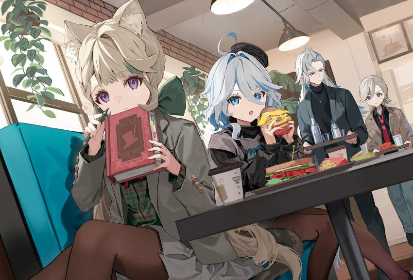 2boys 2girls ahoge alternate_costume animal_ear_fluff animal_ears black_headwear black_socks blue_eyes blue_hair book brown_pantyhose cat_ears closed_mouth drop-shaped_pupils food furina_(genshin_impact) genshin_impact grey_hair hair_between_eyes highres holding holding_book holding_food holding_pen jacket light_brown_hair long_hair long_sleeves looking_at_another looking_at_viewer lynette_bishop lyney_(genshin_impact) mismatched_pupils motto_(night_wear) multicolored_hair multiple_boys multiple_girls neuvillette_(genshin_impact) open_clothes open_jacket outdoors pantyhose parted_lips pen purple_eyes sidelocks sitting skirt socks sweater turtleneck turtleneck_sweater