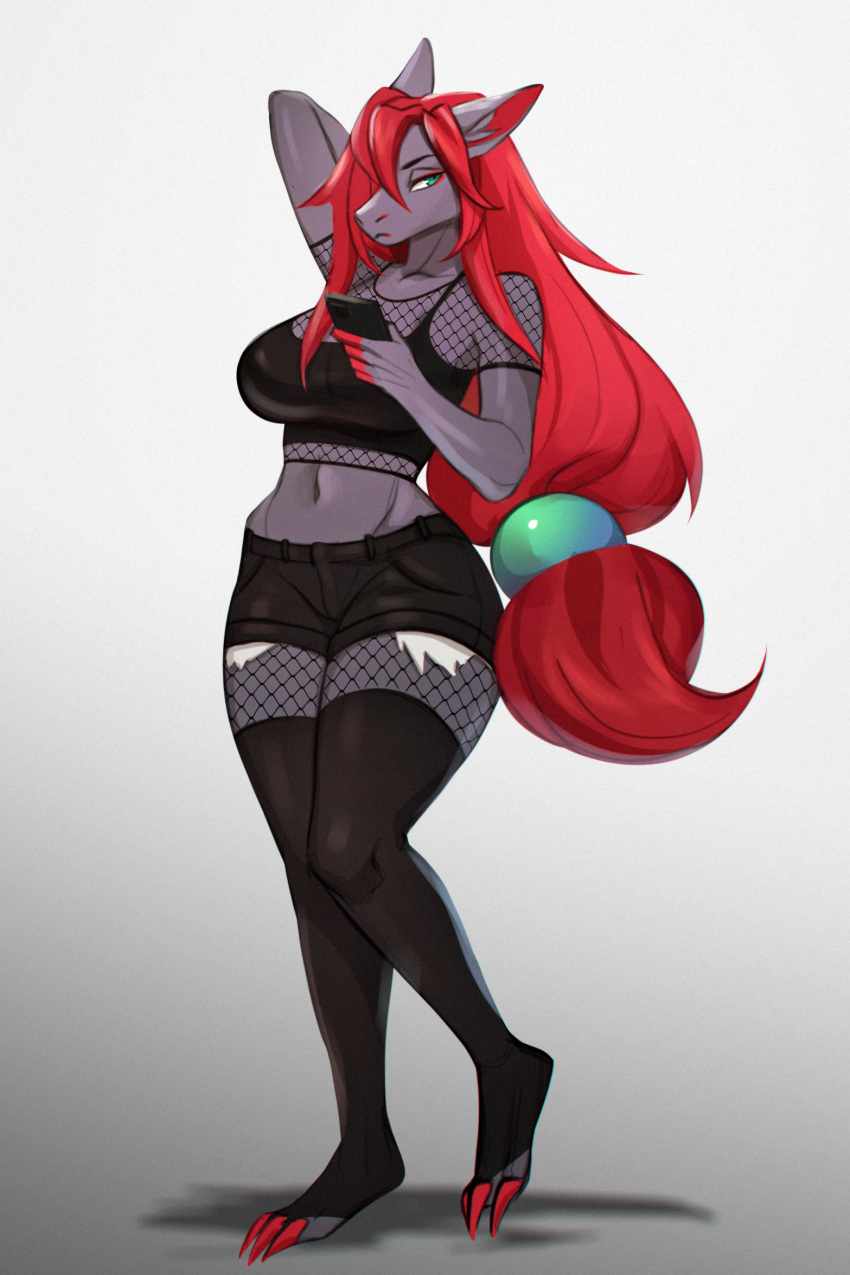 anthro big_breasts breasts canid canine claws clothed clothing electronics female fishnet fishnet_clothing fishnet_legwear fishnet_topwear fur generation_5_pokemon genitals hair hi_res legwear mammal nintendo phone pokemon pokemon_(species) red_hair simple_background solo stockings topwear wienermozart zoroark