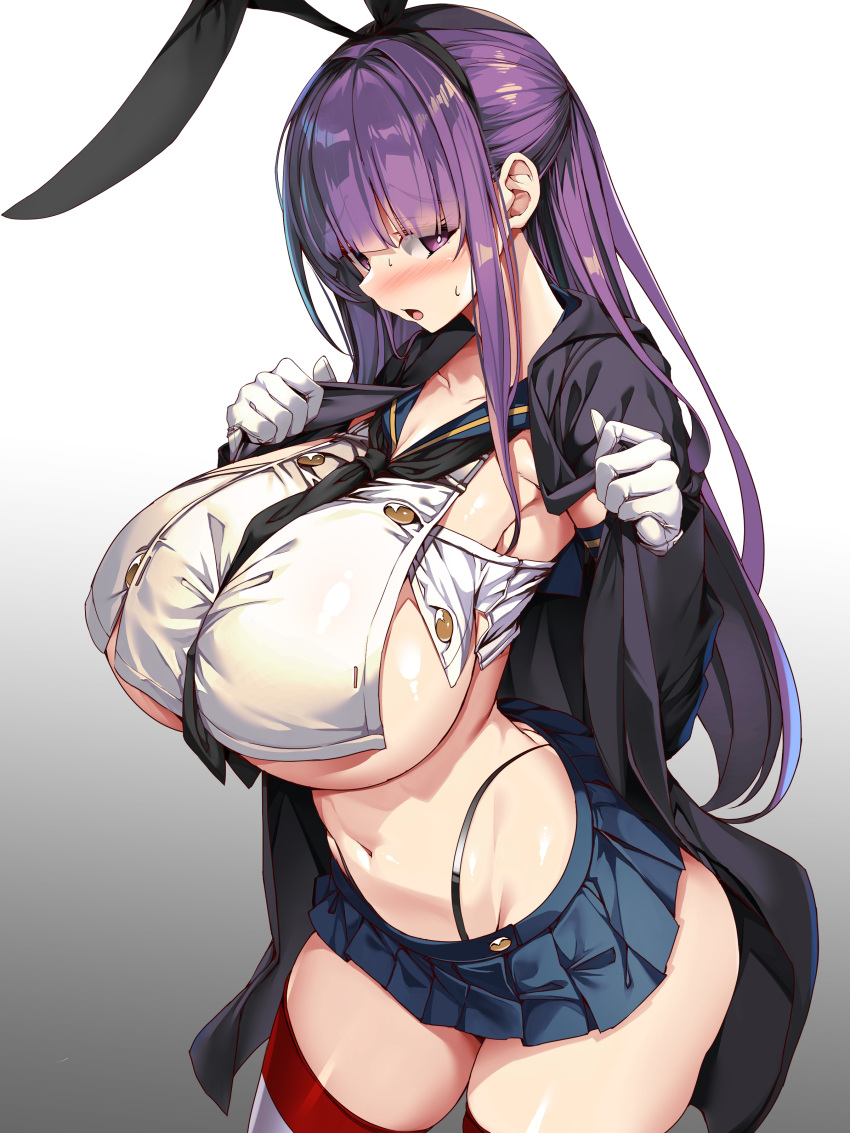 1girl absurdres animal_ears black_coat blue_sailor_collar blue_skirt blunt_bangs blush breasts coat commentary_request cosplay dress gradient_background highleg highleg_panties highres huge_breasts kantai_collection long_hair military_uniform navel open_mouth panties pleated_skirt purple_eyes purple_hair rabbit_ears sailor_collar shimakaze_(kancolle) shimakaze_(kancolle)_(cosplay) shirt skirt solo standing striped striped_thighhighs thighhighs torisan translation_request underwear uniform