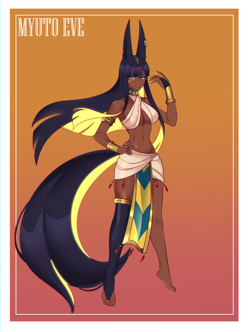 1girl absurdres animal_ears armlet black_hair blonde_hair bracelet breasts bridal_gauntlets bridal_legwear collarbone colored_inner_hair dark-skinned_female dark_skin egyptian egyptian_clothes fingernails hand_on_own_hip highres jackal_ears jackal_tail jewelry long_hair looking_at_viewer medium_breasts multicolored_hair myutoeve orange_background original pelvic_curtain ring sharp_fingernails single_bridal_gauntlet single_bridal_legwear single_thighhigh solo thighhighs two-tone_hair wind wind_lift