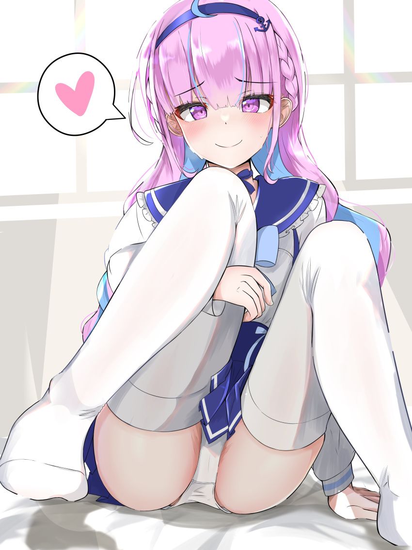 1girl absurdres ahoge blue_hair blush colored_inner_hair heart highres hololive indoors long_hair looking_at_viewer masaharu21 minato_aqua multicolored_hair panties pantyshot purple_eyes purple_hair sitting smile solo spoken_heart thighhighs two-tone_hair underwear virtual_youtuber white_panties white_thighhighs