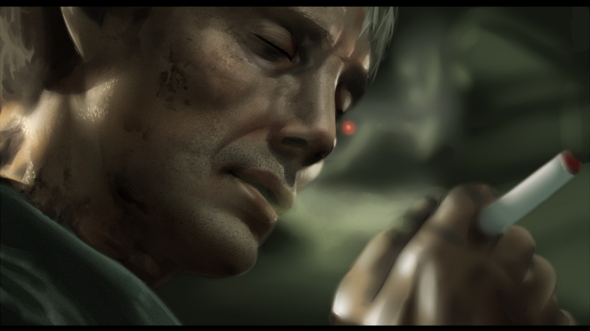 1boy between_fingers blurry blurry_background cigarette closed_eyes commentary_request death_stranding depth_of_field derivative_work grey_hair hand_up holding holding_cigarette kuro_kosyou letterboxed mads_mikkelsen male_focus parted_lips portrait smoke smoking solo