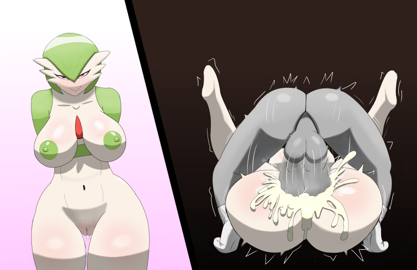 absurd_res anthro duo female from_front_position gardevoir generation_3_pokemon green_hair hair hi_res humanoid male male/female mating_press nintendo pokemon pokemon_(species) r3ptart red_eyes sex