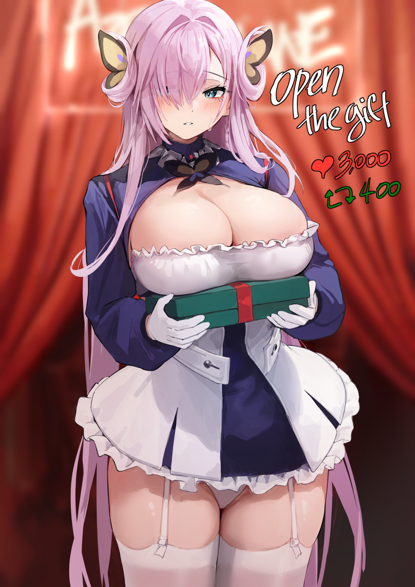 1girl absurdres azur_lane blue_dress blue_eyes blurry blurry_background blush box breasts butterfly_hair_ornament chela77 cleavage cleavage_cutout clothing_cutout cowboy_shot curtains dress english_commentary english_text eyes_visible_through_hair frilled_dress frills garter_straps gift gift_box gloves hair_ornament hair_over_one_eye hair_rings highres holding holding_box holding_gift large_breasts long_hair long_sleeves looking_at_viewer louisville_(azur_lane) meme official_art panties pantyshot parted_lips pink_hair solo standing teardrop thank_you thick_thighs thighhighs thighs twitter_strip_game_(meme) underwear very_long_hair white_dress white_gloves white_panties white_thighhighs