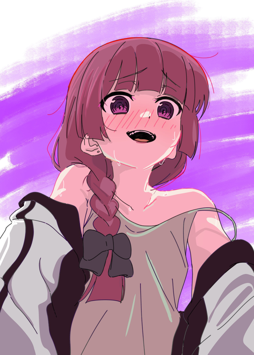 1girl absurdres bare_shoulders blush bocchi_the_rock! braid doublep0ints dress earrings grey_dress hair_over_shoulder highres hiroi_kikuri jacket jewelry long_hair looking_at_viewer off_shoulder open_clothes open_jacket open_mouth purple_eyes purple_hair ringed_eyes single_braid sketch smile solo strap_slip stud_earrings sweat upper_body