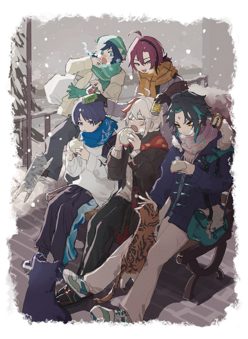 5boys alternate_costume animal bag baozi bench black_gloves black_hair blue_hair breath can cat closed_mouth eating facial_mark food forehead_mark genshin_impact gloves green_hair hat highres holding holding_can holding_food jacket kaedehara_kazuha long_sleeves male_focus mole mole_under_eye multicolored_hair multiple_boys open_mouth orange_eyes outdoors pants red_hair scaramouche_(genshin_impact) scarf shikanoin_heizou sitting snow snowing tokodenashi tree venti_(genshin_impact) xiao_(genshin_impact)