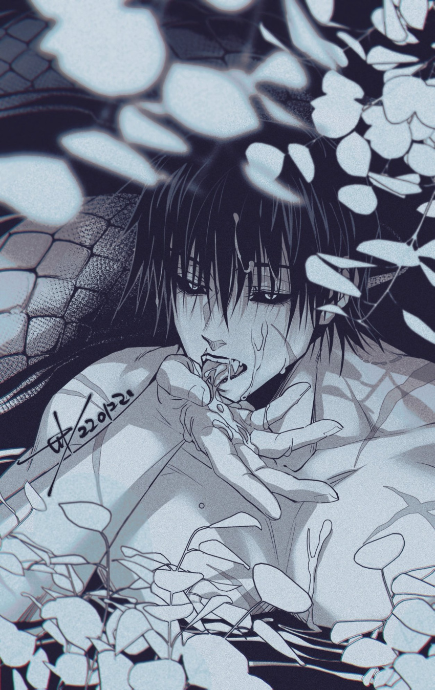 1boy black_sclera colored_sclera dated fangs fushiguro_touji greyscale hand_up highres jujutsu_kaisen lamia_boy leaf licking licking_finger looking_at_viewer male_focus monochrome monster_boy monsterification open_mouth outdoors partially_submerged plant sashiyu scar scar_on_arm scar_on_cheek scar_on_chest scar_on_face scar_on_mouth scar_on_shoulder short_hair signature solo suggestive_fluid toned toned_male tongue tongue_out upper_body water