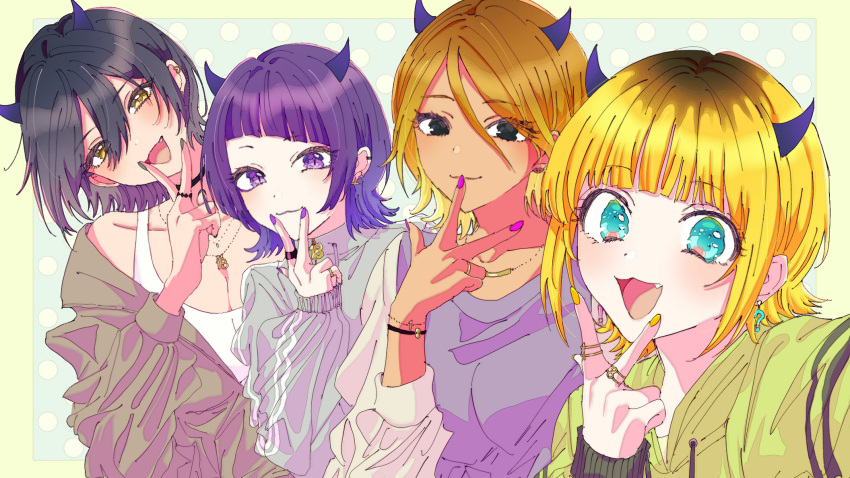 4girls bangle black_hair blonde_hair blush bracelet brown_hair collarbone commentary crossover demon_horns fake_horns fang fingernails head_tilt highres horns idolmaster idolmaster_shiny_colors izumi_mei jewelry looking_at_viewer memcho multicolored_hair multiple_girls nail_polish oshi_no_ko paddy_field purple_hair ring roots_(hair) selfie shirase_sakuya simple_background smile tanaka_mamimi trait_connection upper_body v v_over_mouth w