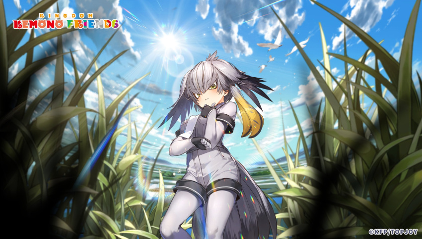 1girl bird_girl bird_tail bird_wings blonde_hair blue_sky copyright_name elbow_gloves feathered_wings gloves grey_hair head_wings highres kemono_friends kemono_friends_kingdom long_hair looking_at_viewer multicolored_hair nature necktie official_art outdoors pantyhose shirt shoebill_(kemono_friends) shorts sky solo tail two-tone_hair wings yellow_eyes