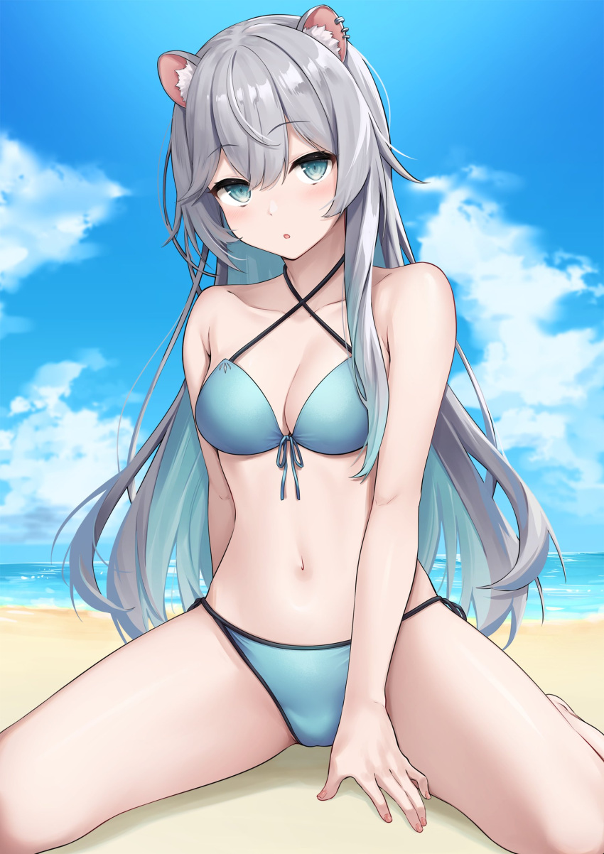 1girl :o absurdres animal_ears aone_ioru beach bikini blue_bikini blue_eyes blue_sky blush breasts cleavage cloud collarbone commentary_request commission day grey_hair hamster_ears hamster_girl henria highres indie_virtual_youtuber long_hair looking_at_viewer navel ocean outdoors parted_lips sand second-party_source sitting skeb_commission sky solo swimsuit virtual_youtuber