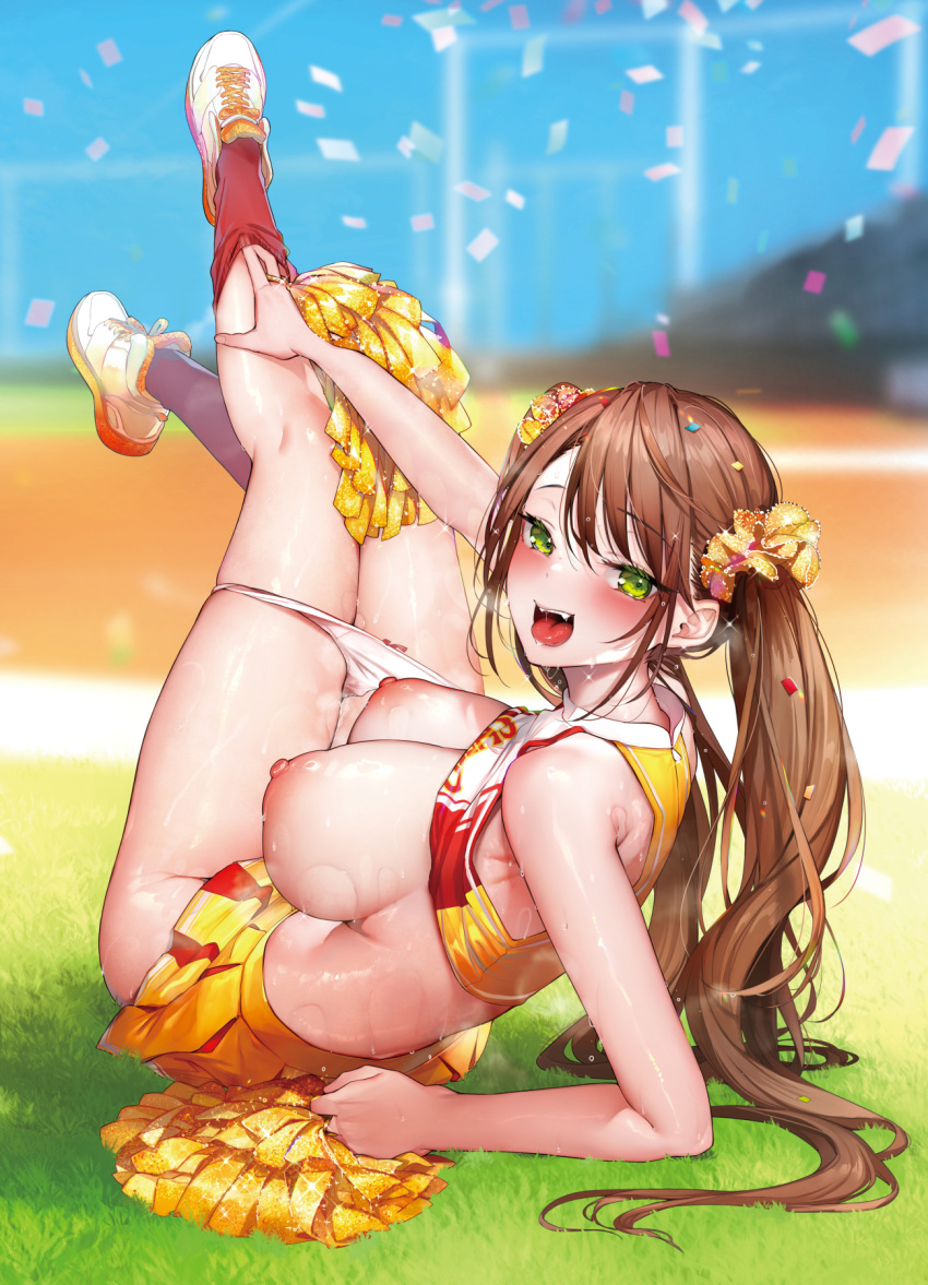 1girl :d bare_arms bare_shoulders blurry blurry_background blush breasts brown_hair cheerleader from_behind full_body hair_ornament highres large_breasts legs_up long_hair looking_at_viewer looking_back nipples open_mouth original outdoors panties panty_pull pom_pom_(cheerleading) pyon-kichi skirt smile solo sweat thighs twintails underwear white_footwear yellow_skirt