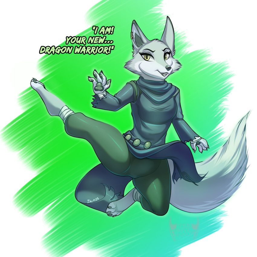 2023 5_fingers anthro bandage bandaged_arm bandaged_leg black_nose blue_clothing blue_scarf blue_topwear bottomwear canid canine canis chazzychanz claws clothed clothing criminal digital_media_(artwork) dreamworks feet female finger_claws fingers fluffy fluffy_tail fox fur grey_body grey_fur hi_res hindpaw kung_fu_panda looking_at_viewer mammal one_leg_up paws raised_leg scarf shirt simple_background smile solo solo_focus spread_legs spreading tail teeth text topwear torn_clothing warrior whiskers zhen_(kung_fu_panda)