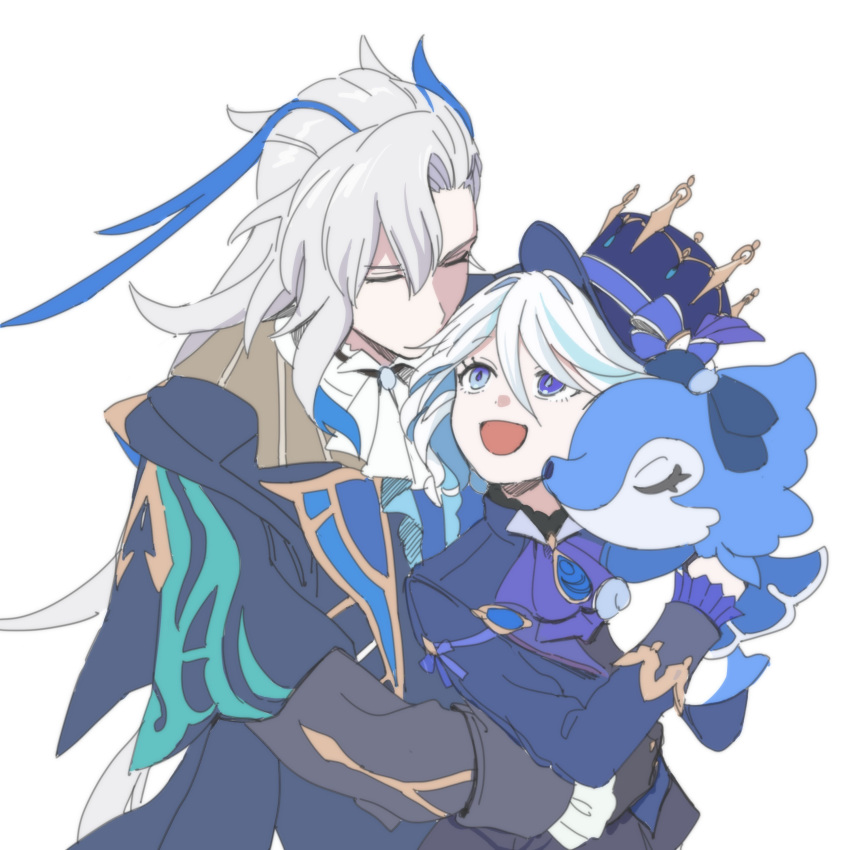 1boy 1girl absurdres ahoge ascot black_gloves blue_ascot blue_brooch blue_eyes blue_hair blue_headwear blue_jacket closed_eyes english_commentary furina_(genshin_impact) genshin_impact gloves hair_between_eyes hat heterochromia highres hug hug_from_behind jacket light_blue_hair looking_up multicolored_hair neuvillette_(genshin_impact) neuvillette_mom open_mouth sidelocks simple_background smile streaked_hair top_hat two-tone_hair upper_body white_ascot white_background white_hair