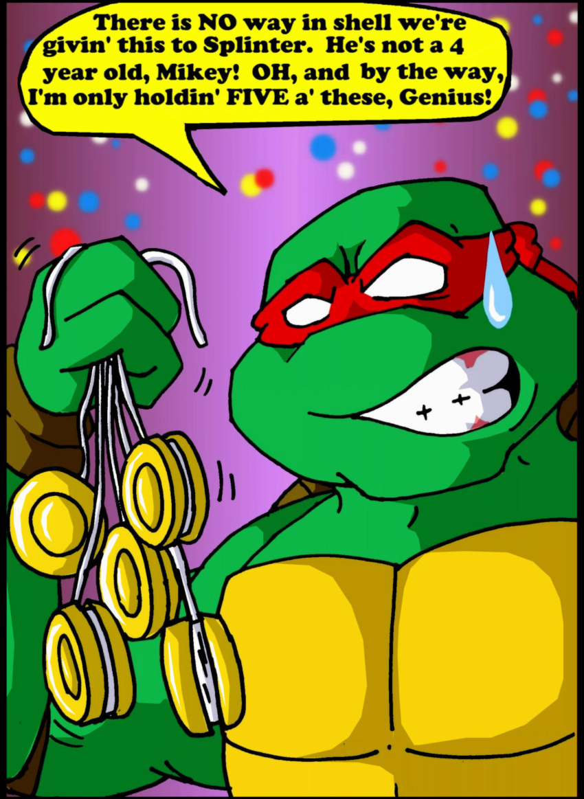 2010 absurd_res christmas dialogue digital_media_(artwork) english_text eyewear green_body green_skin hi_res holidays male mightyfilm raphael_(tmnt) red_eyewear reptile scalie showing_teeth solo speech_bubble sweatdrop_(iconography) talking_to_another teenage_mutant_ninja_turtles teenage_mutant_ninja_turtles_(2003) text turtle wristband yo-yo