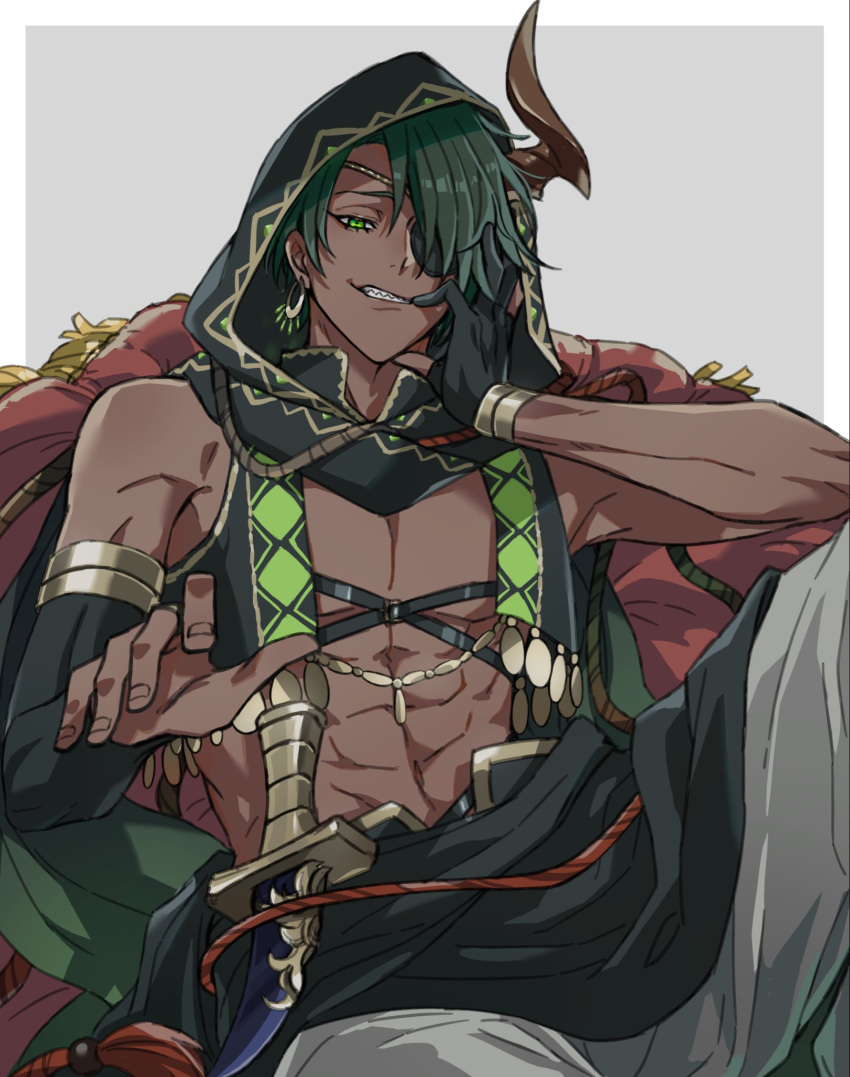 1boy abs alternate_hair_color arabian_clothes aragami_oga arm_warmers black_gloves black_jacket black_sash border chair cm10th cropped_jacket dagger dark-skinned_male dark_skin eyepatch feet_out_of_frame gloves green_eyes green_hair grey_background grey_pants grin hair_over_one_eye harness head_rest highres holostars hood hood_up horns jacket knee_up knife knife_sheath looking_at_viewer male_focus midriff no_shirt official_alternate_costume open_clothes open_jacket outside_border pants partially_fingerless_gloves pectoral_cleavage pectorals reaching reaching_towards_viewer rope_belt sash sharp_teeth sheath short_hair single_arm_warmer single_glove single_horn sitting sleeveless sleeveless_jacket smile smug solo tassel teeth toned toned_male virtual_youtuber weapon white_border