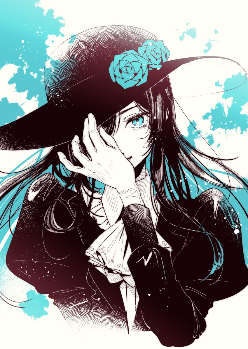 1girl absurdres ado_(utaite) adochansukisuki ascot black_hair black_headwear blue_eyes blue_flower blue_rose chando_(ado) cloud_nine_inc collared_shirt commentary_request cropped_torso flower gloves hat hat_flower highres juliet_sleeves light_particles limited_palette long_hair long_sleeves looking_at_viewer open_mouth puffy_sleeves rose shirt solo upper_body utaite white_ascot white_gloves