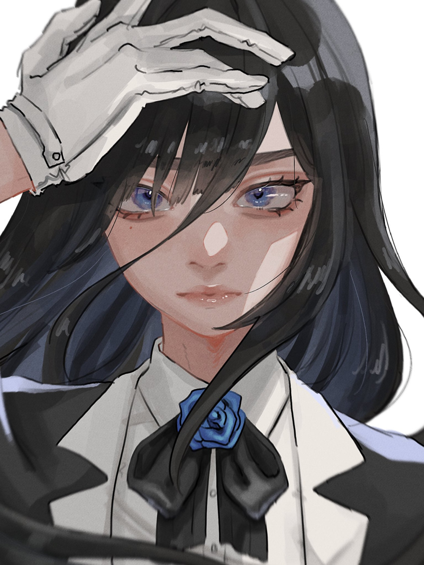 1girl ado_(utaite) black_bow black_bowtie black_hair black_jacket blue_eyes blue_flower blue_rose bow bowtie chando_(ado) closed_mouth cloud_nine_inc collared_shirt commentary dress_shirt film_grain floating_hair flower flower_brooch gloves highres jacket long_hair looking_at_viewer mole mole_under_eye rose shirt simple_background solo upper_body utaite white_background white_gloves white_shirt yurosuke