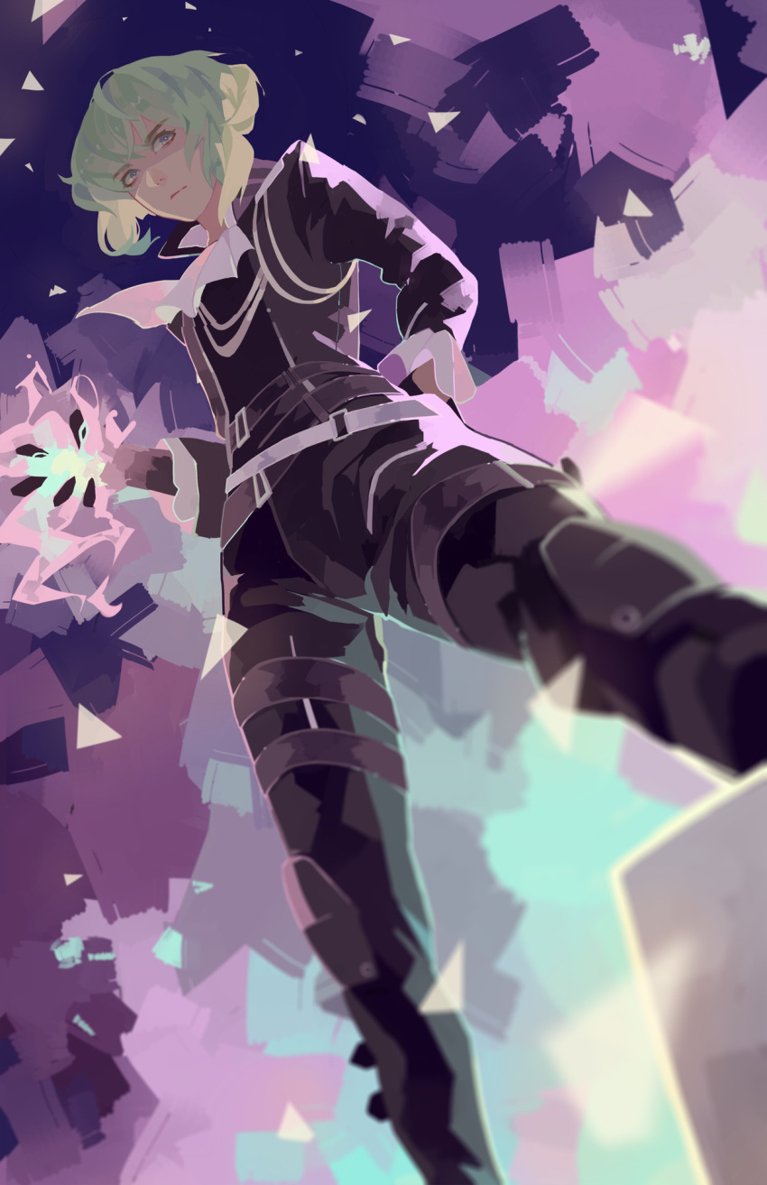 1boy abstract_background arm_behind_back ascot black_jacket black_pants closed_mouth feet_out_of_frame fingernails fire frilled_sleeves frills green_hair highres jacket leather leather_jacket leather_pants lio_fotia looking_ahead male_focus pants perspective pink_fire promare purple_eyes pyrokinesis sharp_fingernails short_hair short_hair_with_long_locks sidelocks solo vonnabeee white_ascot