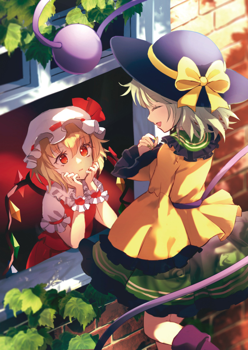 2girls blonde_hair crystal_wings dise_(psychoro) flandre_scarlet green_hair green_skirt hat hat_ribbon highres komeiji_koishi long_sleeves mob_cap multiple_girls puffy_short_sleeves puffy_sleeves red_eyes red_ribbon red_skirt red_vest ribbon shirt short_sleeves skirt third_eye through_window touhou vest white_shirt wide_sleeves wrist_cuffs yellow_shirt