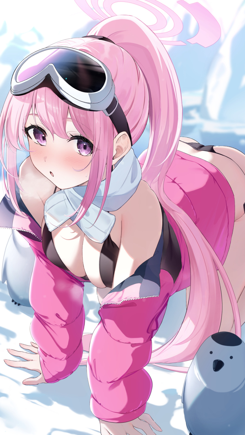 1girl all_fours ass bare_shoulders bikini black_bikini blue_archive blush breasts cleavage commentary eimi_(blue_archive) eimi_(swimsuit)_(blue_archive) goggles goggles_on_head highres jacket large_breasts long_sleeves looking_at_viewer nokke_o off_shoulder parted_lips pink_hair pink_jacket purple_eyes scarf sidelocks solo swimsuit white_scarf