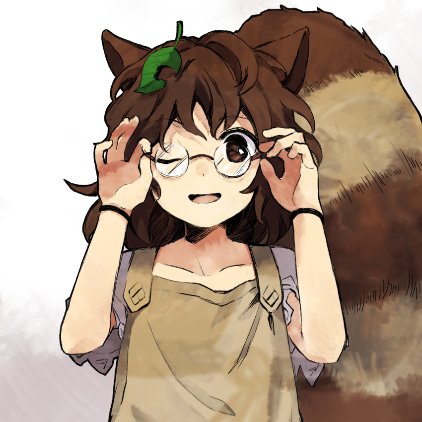 1girl adjusting_eyewear animal_ears brown_eyes brown_hair commentary_request flat_chest futatsuiwa_mamizou glasses highres kaigen_1025 leaf leaf_on_head medium_hair open_mouth puffy_short_sleeves puffy_sleeves raccoon_ears raccoon_girl raccoon_tail round_eyewear shirt short_sleeves simple_background smile solo tail touhou upper_body wavy_hair white_background white_shirt