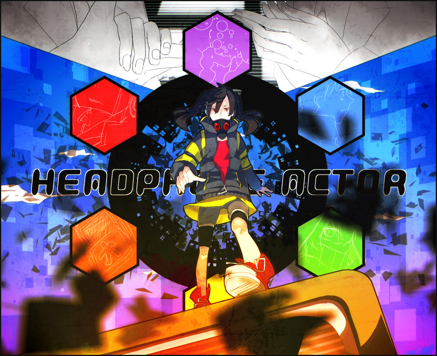 bike_shorts black_hair enomoto_takane gas_mask headphone_actor_(vocaloid) hexagon highres kagerou_project long_hair pichoko red_eyes shoes skirt solo twintails vocaloid