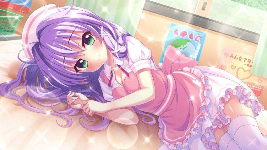 1girl back_bow basket bow breasts cleavage closed_mouth curtains dot_nose dress dutch_angle film_grain game_cg green_eyes hair_ribbon hat hokaze_kanade indoors izumi_tsubasu large_bow long_hair looking_at_viewer lying medium_breasts non-web_source nurse_cap official_art on_bed on_side pink_bow pink_dress poster_(object) purple_hair re:stage! ribbon short_sleeves smile solo thighhighs white_ribbon white_thighhighs window zettai_ryouiki