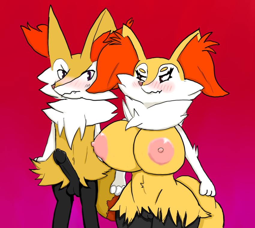 anthro big_breasts big_butt big_penis blush braixen breasts butt canid duo female generation_6_pokemon genitals glistening glistening_nipples heavy_blush male male/female mammal nintendo nipples nude penis pokemon pokemon_(species) short_stack teztaz wide_hips