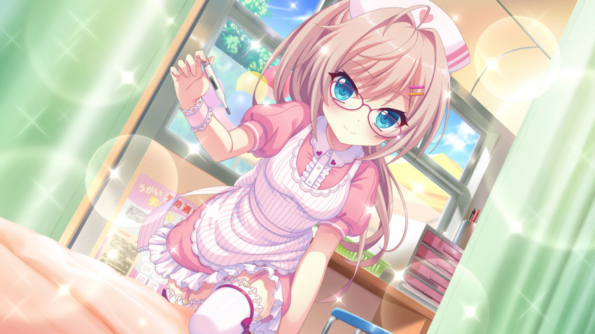 1girl ahoge basket bespectacled blue_eyes blue_sky blush breasts closed_mouth cloud cup curtains day dot_nose dress dutch_angle film_grain game_cg garter_straps glasses hair_ornament hairclip hat heart himura_nagisa holding holding_thermometer indoors izumi_tsubasu lens_flare long_hair looking_at_viewer medium_breasts non-web_source nurse_cap official_art pen pink_dress pink_hair pink_wristband poster_(object) purple-framed_eyewear re:stage! short_sleeves sky smile solo sparkle thermometer thighhighs tree white_thighhighs window