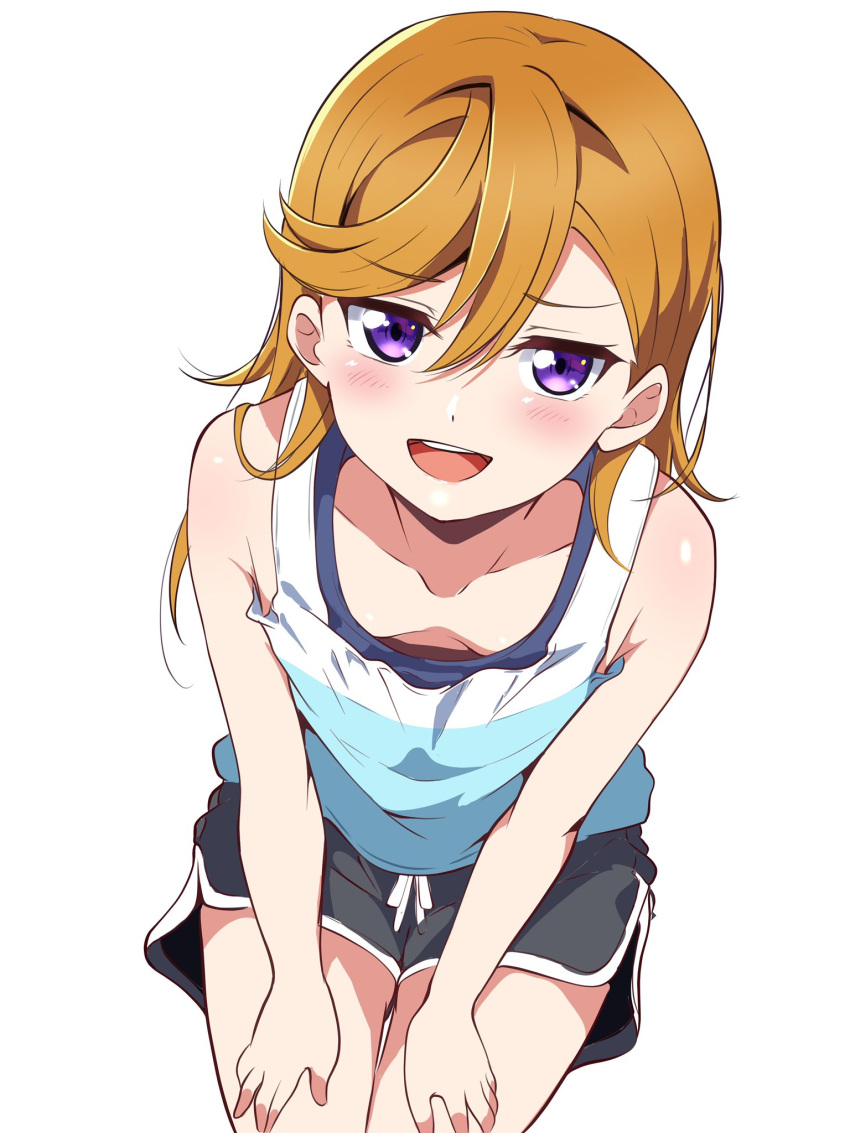 1girl bare_shoulders black_shorts blue_tank_top blush borgbutler breasts cleavage collarbone commentary_request dolphin_shorts hair_between_eyes hands_on_own_thighs highres leaning_forward long_hair looking_at_viewer love_live! love_live!_superstar!! open_mouth orange_hair purple_eyes round_teeth shibuya_kanon shirt shorts simple_background sleeveless sleeveless_shirt small_breasts solo tank_top teeth tongue two-tone_shirt upper_body upper_teeth_only white_background white_tank_top