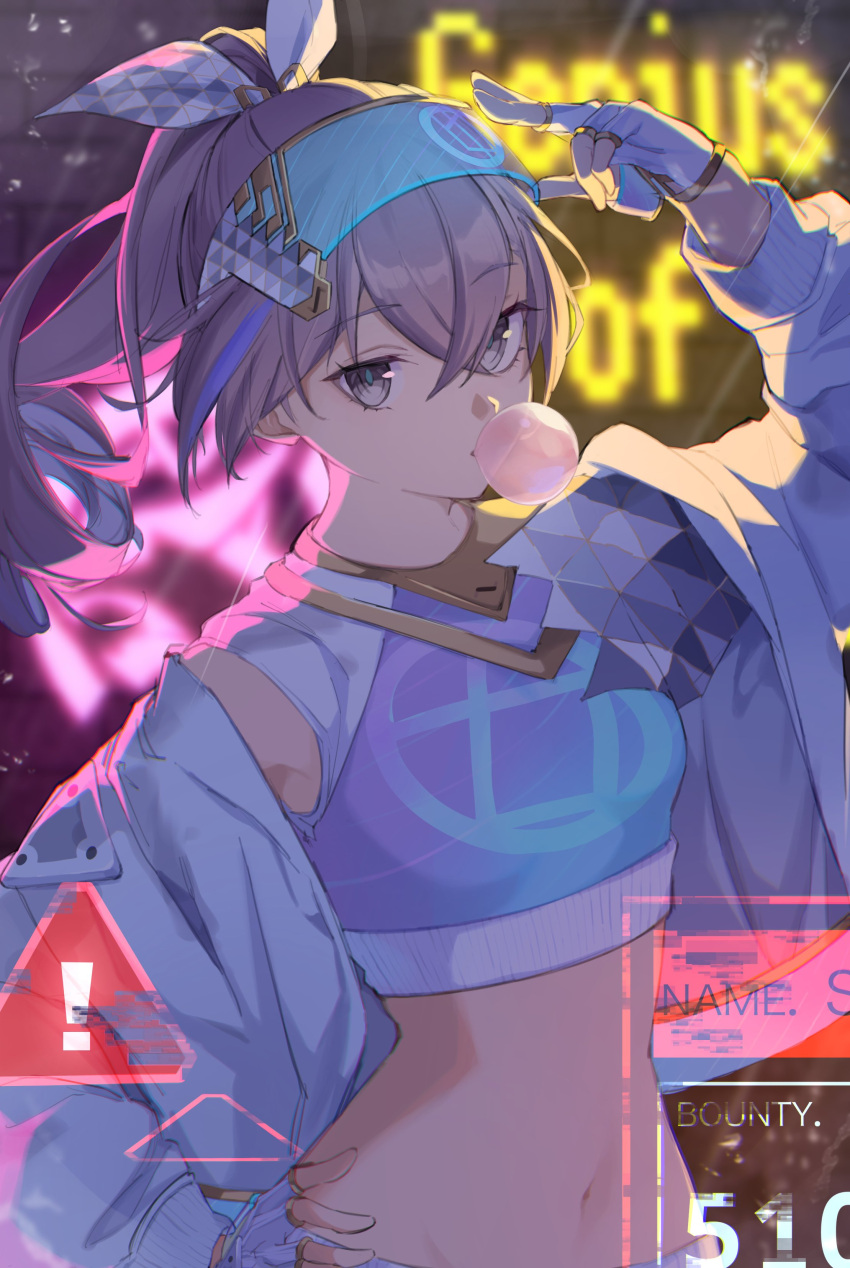 1girl absurdres alternate_costume breasts bubble_blowing chewing_gum cropped_torso crossed_bangs english_text eyewear_on_head fingerless_gloves gloves goggles goggles_on_head grey_hair hair_between_eyes hand_on_own_hip high_ponytail highres holographic_interface honkai:_star_rail honkai_(series) hst_426 jacket long_hair looking_at_viewer midriff multicolored_clothes navel neon_lights ponytail sidelocks sign silver_wolf_(honkai:_star_rail) small_breasts solo tinted_eyewear upper_body warning_sign white_gloves white_jacket