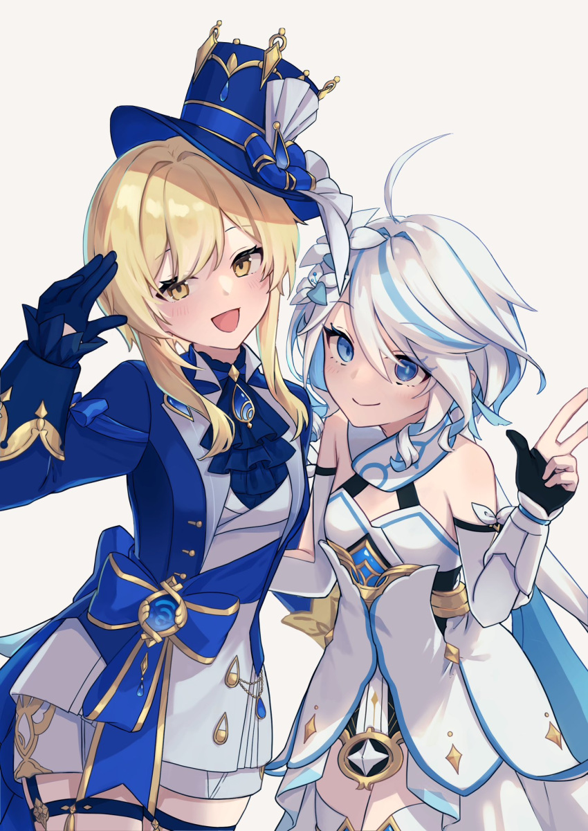 2girls black_gloves blonde_hair blue_eyes blue_hair blue_headwear breasts closed_mouth cosplay costume_switch dress flower furina_(genshin_impact) furina_(genshin_impact)_(cosplay) genshin_impact gloves hair_between_eyes hair_flower hair_ornament hat heterochromia highres long_hair looking_at_viewer lumine_(genshin_impact) lumine_(genshin_impact)_(cosplay) medium_breasts multicolored_hair multiple_girls open_mouth smile streaked_hair top_hat white_dress white_hair yellow_eyes yu_ri_0320