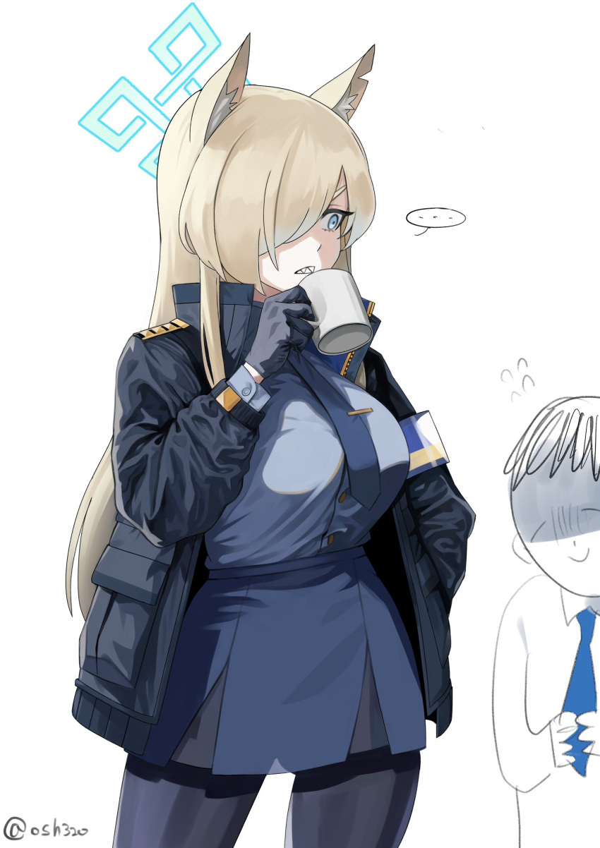 ... 1boy 1girl animal_ears armband arona's_sensei_doodle_(blue_archive) black_gloves black_jacket black_pantyhose blonde_hair blue_archive blue_armband blue_eyes blue_necktie blue_shirt blue_skirt breasts clenched_teeth commentary contrapposto cup doodle_inset flying_sweatdrops frown gloom_(expression) gloves hair_over_one_eye halo hand_in_pocket highres holding holding_cup jacket kanna_(blue_archive) large_breasts looking_at_another mushroom_(osh320) necktie one_eye_covered open_clothes open_jacket pantyhose parted_lips police police_uniform scared sensei_(blue_archive) shaded_face sharp_teeth shirt shirt_tucked_in short_hair simple_background skirt smile solo_focus spoken_ellipsis tareme teeth tented_shirt tie_clip twitter_username uniform v-shaped_eyebrows white_background