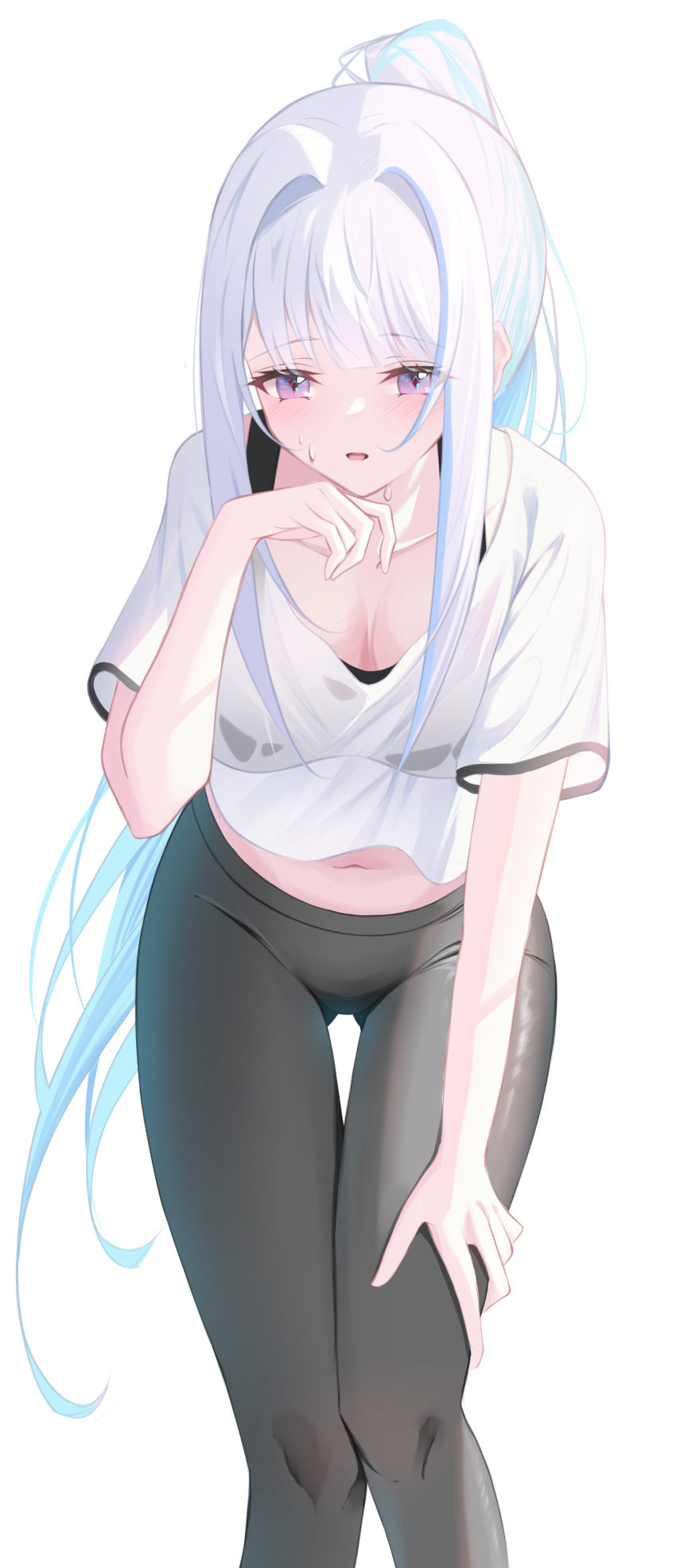 1girl absurdres black_bra black_pants blue_hair blush bra breasts cleavage colored_inner_hair crop_top downblouse hand_on_own_thigh haru_(haru83380282) high_ponytail highres large_breasts leaning_forward lize_helesta long_hair looking_at_viewer loose_clothes loose_shirt midriff multicolored_hair navel nijisanji open_mouth pants ponytail purple_eyes shirt short_sleeves simple_background solo sports_bra sweat thigh_gap underwear very_long_hair virtual_youtuber white_background white_hair white_shirt yoga_pants