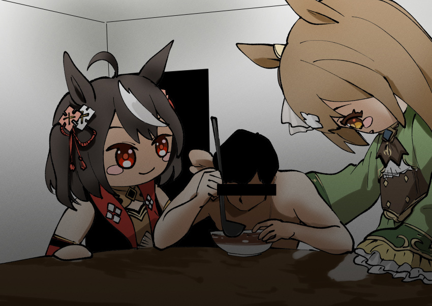 1boy 2others absurdres ahoge animal_ears bar_censor black_hair blank_room_soup bowl brown_hair censored chanchanko_(clothes) commentary cosplay doqute_stuffed_doll ear_ornament food frilled_sleeves frills highres holding holding_ladle horse_ears horse_girl identity_censor japanese_clothes kakuteru_sudachi kigurumi kitasan_black_(umamusume) ladle long_hair long_sleeves looking_down multicolored_hair multiple_others orange_eyes red_eyes satono_diamond_(umamusume) short_hair soup streaked_hair stuffed_toy two-tone_hair two_side_up umamusume white_hair yotsuwari-bishi