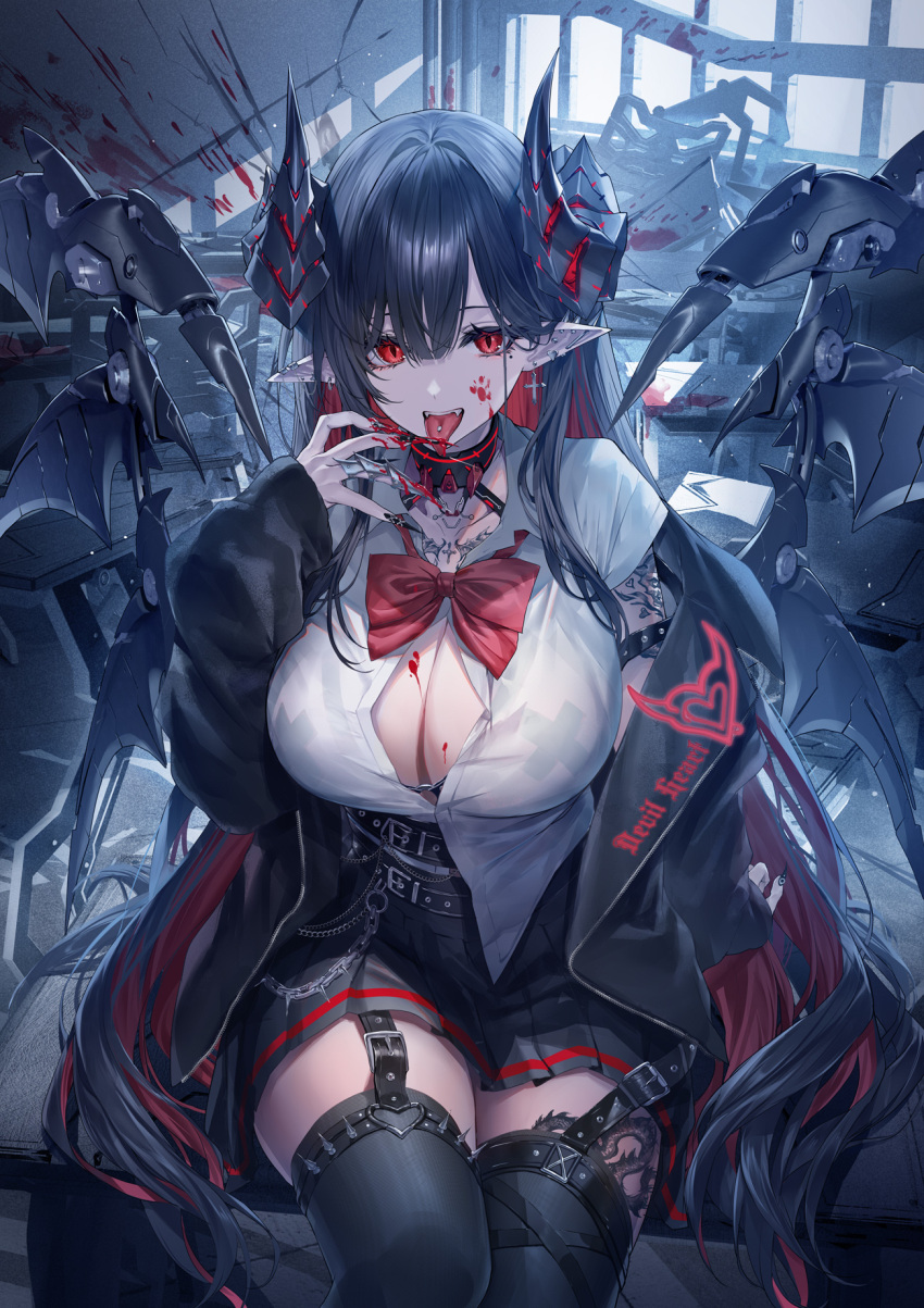 1girl black_hair black_horns black_jacket black_nails black_skirt black_thighhighs blood blood_on_face blood_on_hands bow bowtie breasts cleavage collared_shirt colored_inner_hair commentary fingernails garter_straps heirou highres horns jacket large_breasts long_fingernails long_hair long_sleeves looking_at_viewer multicolored_hair nail_polish open_clothes open_jacket open_mouth original pleated_skirt pointy_ears red_bow red_bowtie red_eyes red_hair sharp_fingernails shirt skirt solo symbol-only_commentary thighhighs tongue tongue_out white_shirt
